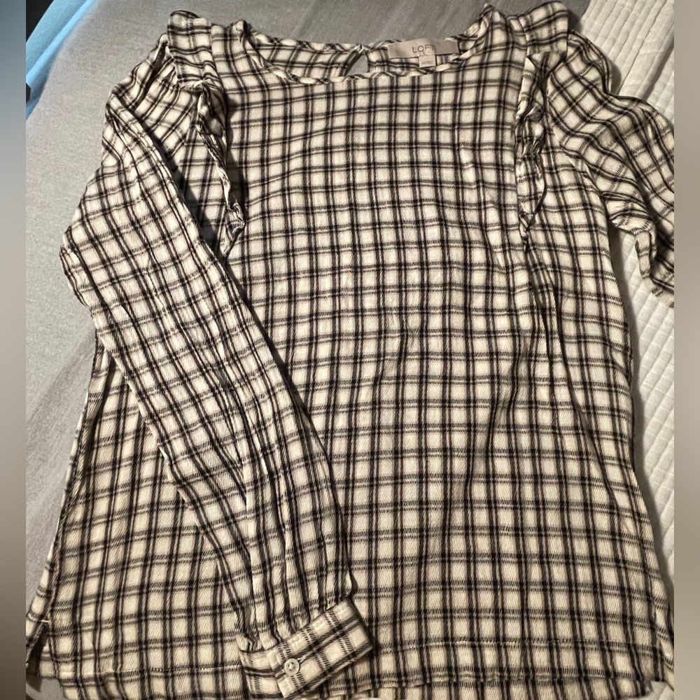 LOFT Plaid Blouse with Ruffle Detail